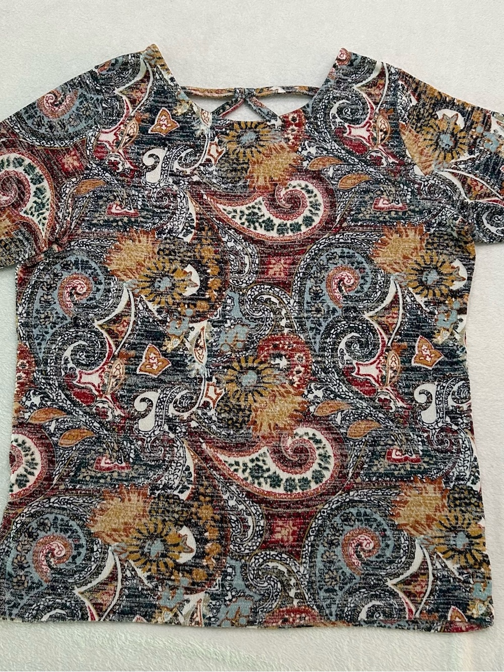 Kate Park Women’s Paisley Multicolor Print Cross Back Tunic Sweater Top Size PXL